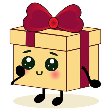 Şirin hediye kutusu karakteri izole edilmiş. Utangaç mevcut emoji karikatür vektör çizimi, komik yüz ve komik gözler