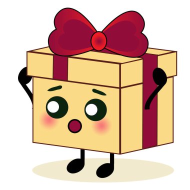 Şirin hediye kutusu karakteri izole edilmiş. Şok olmuş emoji karikatürü vektör çizimi, komik yüz ve tuhaf gözler.