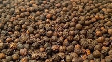 Karabiber tam kare arkaplan, mikro çekim, dönme, şifalı otlar ve baharatlar üzerine düşer