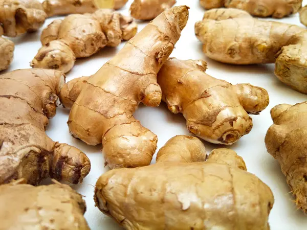 Beyaz zemin üzerinde taze zencefil kökleri veya zencefil rhizomu, yakın plan