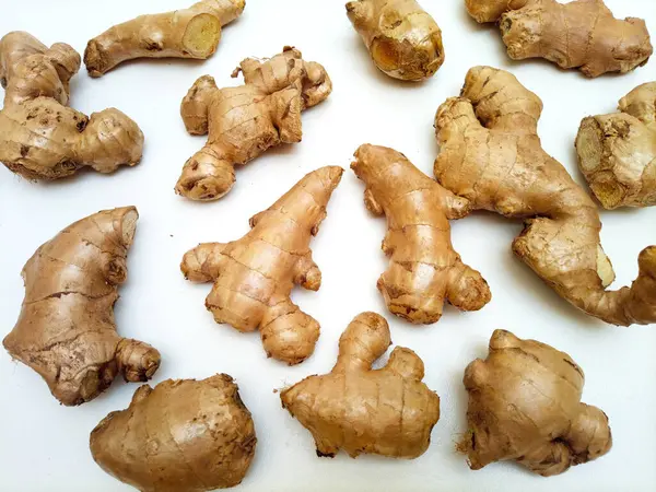 Beyaz zemin üzerinde taze zencefil kökleri veya zencefil rhizomu, üst görünüm