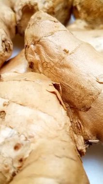 Beyaz arkaplanda dönen taze zencefil kökleri veya zencefil rhizomu, yakın plan, dikey görünüm