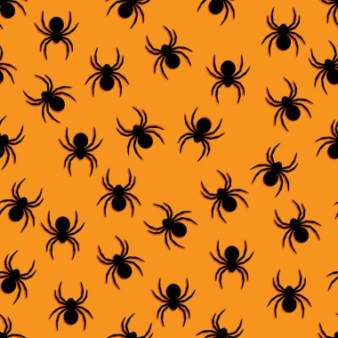 Cadılar Bayramı kusursuz. Turuncu arka planda cadılar bayramı siyah örümcekleri. Kumaş, tekstil, kağıt, ambalaj kağıdı için illüstrasyon tasarımı