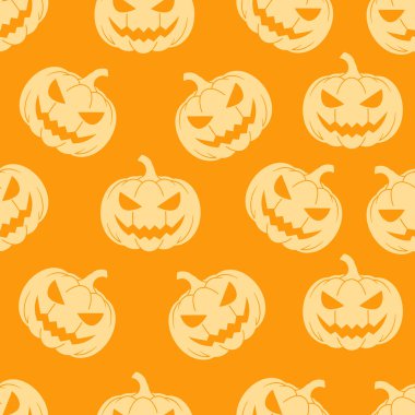 Cadılar Bayramı kusursuz. Turuncu arka planda cadılar bayramı balkabakları. Kumaş, tekstil, kağıt, ambalaj kağıdı için illüstrasyon tasarımı