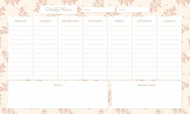 Bahar atmosferi ve çiçek desenli, çizgi film tarzıyla sevimli bir haftalık planlayıcı şablonu. Moda modern vektör çizimi, el çizimi, düz tasarım.