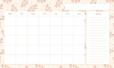 Bahar atmosferi ve çiçek desenli, çizgi film tarzıyla sevimli bir aylık planlayıcı şablonu.