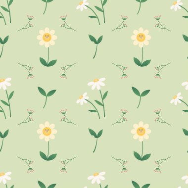 Şirin kawaii yeşil çiçekli tekstil desen tasarımı