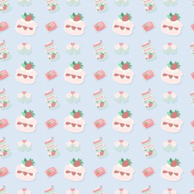 Çizgi filmdeki çilekli tatlı ile kusursuz desen. Tasarımın için arka plan. Vektör illüstrasyonu.