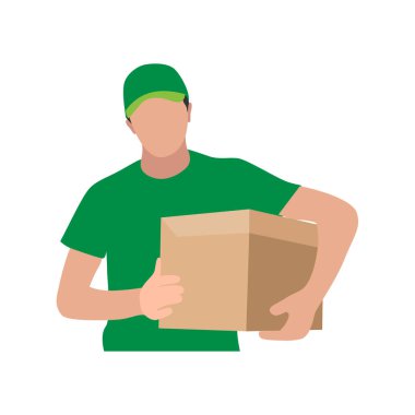 Yeşil üniformalı kurye bir teslimat paketi tutuyor.