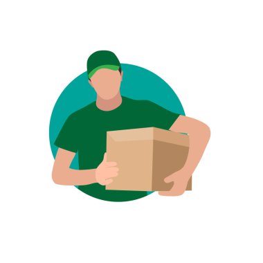 Yeşil üniformalı kurye bir teslimat paketi tutuyor.