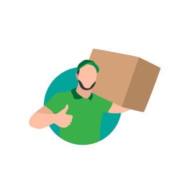 Yeşil üniformalı kurye bir teslimat paketi tutuyor.