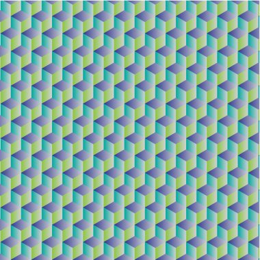 Yeşil, mor ve turkuazın yumuşatıcı pastel tonlarında 3 boyutlu küplerin büyüleyici deseni derinlik ve hareket yanılsaması yaratır..