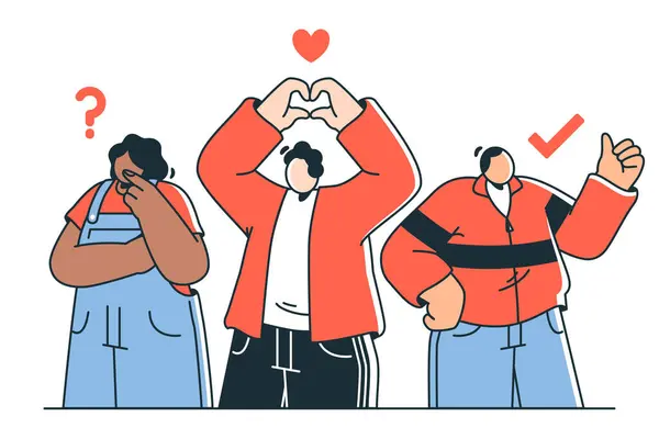 Three Cartoon Characters Expressing Confusion, Love, and Approval Gestures