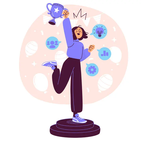 Celebratory Woman Holding a Trophy with Creative Icons Around Her