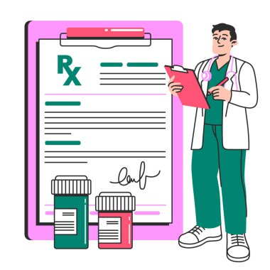 Doktor elinde reçeteli bir pano tutuyor, vektör illüstrasyonu