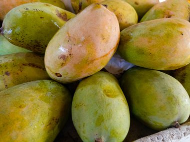 Mango 'nun yakınında, büyük taze mango yığını satışa hazır. Arkaplan