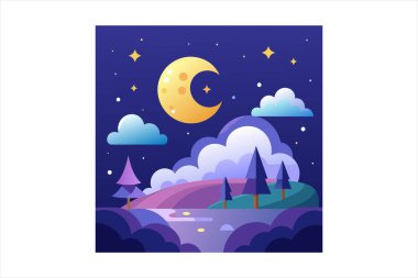 Rüya gece görüntüsü vektör görüntüsü, yıldızlı gece gökyüzü vektör sanatı, rüya gibi gece sahnesi illüstrasyonu, gece gökyüzü manzarası çizimi, ay ışığı gece vektör tasarımı, sakin gece görüşü çizimleri, rüya gece manzarası vektör sanatı, yıldızlı manzaranın vektör ilülasyonu 