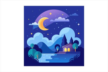 Rüya gece görüntüsü vektör görüntüsü, yıldızlı gece gökyüzü vektör sanatı, rüya gibi gece sahnesi illüstrasyonu, gece gökyüzü manzarası çizimi, ay ışığı gece vektör tasarımı, sakin gece görüşü çizimleri, rüya gece manzarası vektör sanatı, yıldızlı manzaranın vektör ilülasyonu 
