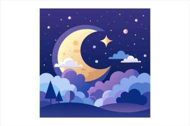 Rüya gece görüntüsü vektör görüntüsü, yıldızlı gece gökyüzü vektör sanatı, rüya gibi gece sahnesi illüstrasyonu, gece gökyüzü manzarası çizimi, ay ışığı gece vektör tasarımı, sakin gece görüşü çizimleri, rüya gece manzarası vektör sanatı, yıldızlı manzaranın vektör ilülasyonu 
