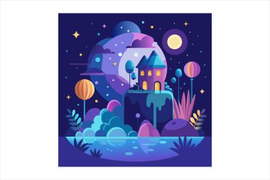 Rüya gece görüntüsü vektör görüntüsü, yıldızlı gece gökyüzü vektör sanatı, rüya gibi gece sahnesi illüstrasyonu, gece gökyüzü manzarası çizimi, ay ışığı gece vektör tasarımı, sakin gece görüşü çizimleri, rüya gece manzarası vektör sanatı, yıldızlı manzaranın vektör ilülasyonu 