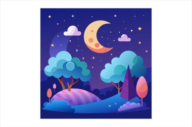Rüya gece görüntüsü vektör görüntüsü, yıldızlı gece gökyüzü vektör sanatı, rüya gibi gece sahnesi illüstrasyonu, gece gökyüzü manzarası çizimi, ay ışığı gece vektör tasarımı, sakin gece görüşü çizimleri, rüya gece manzarası vektör sanatı, yıldızlı manzaranın vektör ilülasyonu 