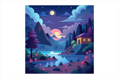 Rüya gece görüntüsü vektör görüntüsü, yıldızlı gece gökyüzü vektör sanatı, rüya gibi gece sahnesi illüstrasyonu, gece gökyüzü manzarası çizimi, ay ışığı gece vektör tasarımı, sakin gece görüşü çizimleri, rüya gece manzarası vektör sanatı, yıldızlı manzaranın vektör ilülasyonu 