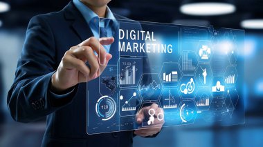 Giysi içindeki işadamı, gelecekteki dijital arayüz, dijital pazarlama, teknoloji ikonları, analitik ikonlar, ticari simgeler, iş teknolojisi, dijital iş etkileşimi, pazarlama teknolojisi, teknik analitik, iş analitiği, dijital ticaret,