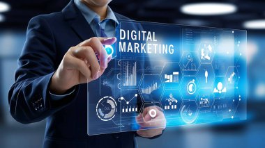 Giysi içindeki işadamı, gelecekteki dijital arayüz, dijital pazarlama, teknoloji ikonları, analitik ikonlar, ticari simgeler, iş teknolojisi, dijital iş etkileşimi, pazarlama teknolojisi, teknik analitik, iş analitiği, dijital ticaret,