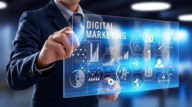 Giysi içindeki işadamı, gelecekteki dijital arayüz, dijital pazarlama, teknoloji ikonları, analitik ikonlar, ticari simgeler, iş teknolojisi, dijital iş etkileşimi, pazarlama teknolojisi, teknik analitik, iş analitiği, dijital ticaret,