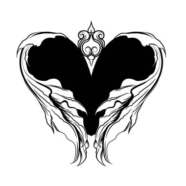 Siyah ve beyaz otantik mitolojik neo-kabile kalp kanat dövmesi tasarımı