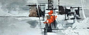 Çağdaş geometrik kübizm soyut resim kırmızı turuncu siyah ton renk bileşimi