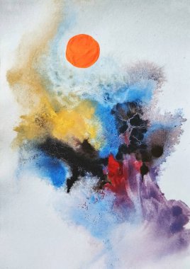 Soyut dışavurumculuk canlı renk değişimi kırmızı mavi sarı kompozisyonda patlama