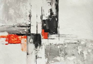 Siyah beyaz tek renkli kompozisyonda koyu kırmızı aksanlı soyut sanat