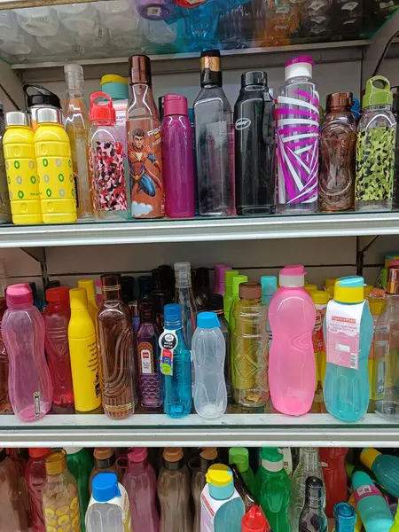 stock image Chennai, Tamilnadu, India. August 5, 2024. Assorted color and pattern of plastic water bottle display for sell on supermarket.