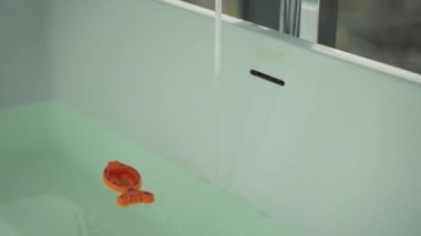 Çağdaş musluktan akan su dolu küvet turuncu termometreye sahip. Çevredeki belirtiler bebeklerin suyla erken etkileşimlerini teşvik ediyor. Erken çocukluk gelişimi kavramı