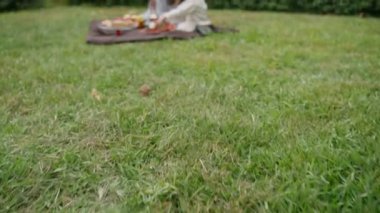 Kamera, taze yeşil çimlerin üzerinde yavaşça süzülerek anne ve oğlunun piknik sırasında oyuncak ayıya çay doldurduğunu gösteriyor. Konukseverlik manzarası. Yüksek kalite 4k görüntü