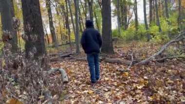 Mountainside, NJ, ABD - 11-11-2021: Sonbaharda parkta yürüyen genç adam
