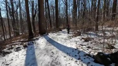 Jockey Hollow, Morristown, NJ, ABD - 01-27-2022: Ocak ayında kar ve buzlu patikada yürüyüş yapan ve fotoğraf çeken kadın