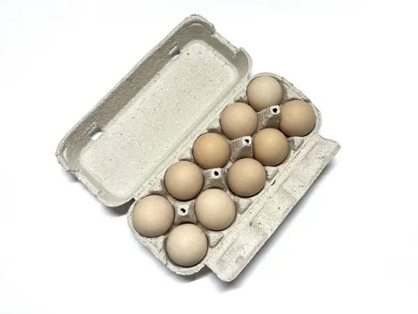 Beyaz arka planda izole edilmiş karton kutuda on organik tavuk yumurtası. Yumurta kutusu.