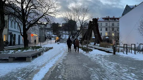 Vilnius, Litvanya. Ocak 04, 2025. Alacakaranlıkta şehir caddesi manzarası. Beyaz yüzlü ve sağ tarafında geniş pencereli modern bir bina. Binanın önünde bir kaldırım var.