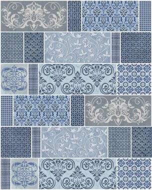 Vintage dekoratif bir görünüm için karışık ayrıntıları döşer. Seramik boya kat, koleksiyon Patchwork süsleme