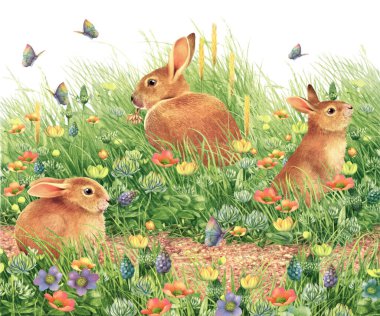   Bahçe Evi dekoratif duvar kiremitleri duvar tasarımı arka planında tavşanlar.