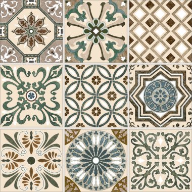 Vintage dekoratif bir görünüm için karışık ayrıntıları döşer. Seramik boya kat, koleksiyon Patchwork süsleme