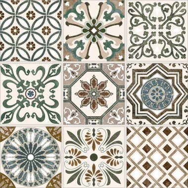 Vintage dekoratif bir görünüm için karışık ayrıntıları döşer. Seramik boya kat, koleksiyon Patchwork süsleme