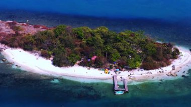 Yoğun ağaçları, beyaz kumlu plajları ve berrak mavi sularda ahşap rıhtımı olan küçük bir tropikal adanın havadan görünüşü.