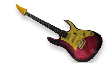 Minyatür kırmızı elektro gitar beyaz arkaplanda izole edildi