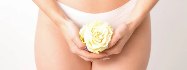 stock image Caucasian woman in white panties with white rose flower on a uniform background, closeup