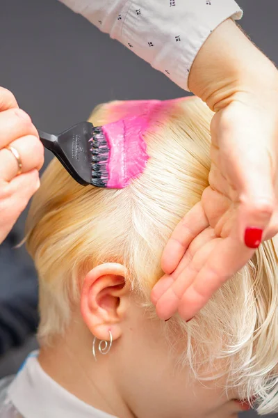 Нанесення Рожевого Барвника Пензлем Біле Волосся Молодої Блондинки Перукарні — стокове фото