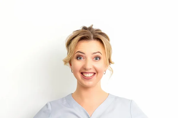 Portrait Young Caucasian Happy Woman Doctor Wearing Blue Workwear Smiling — Stock Photo, Image