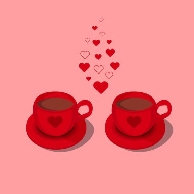Two red cups of hot chocolate with heart ornament and steam like the shape of little hearts. Love greeting card vector illustrations, Isolated design elements